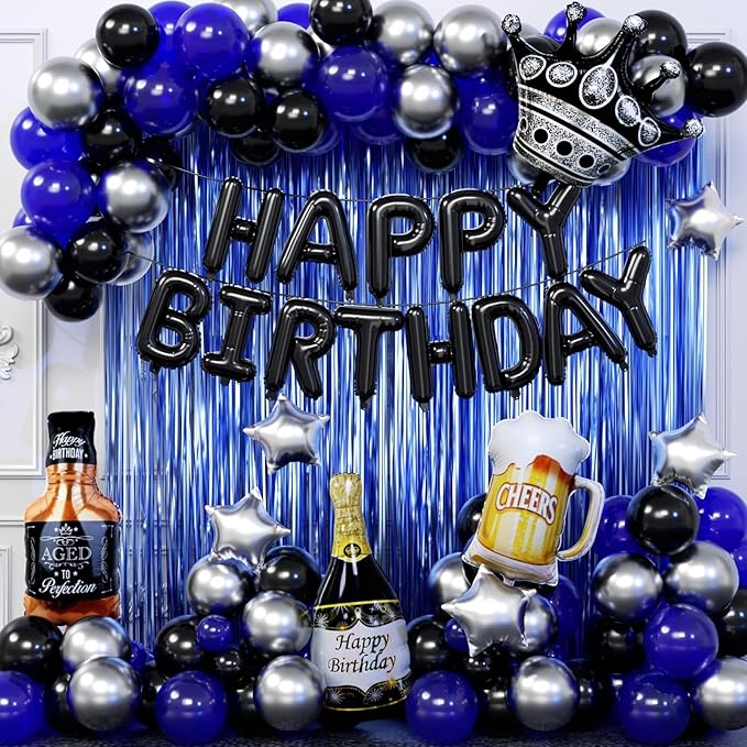 Blue and Black Happy Birthday Decorations for Men with Happy Birthday Banner, Fringe Curtains, Birthday Foil Balloons Kits for 21st,25th 27th 30th 35th 40 50 60th Birthday Party Decorations