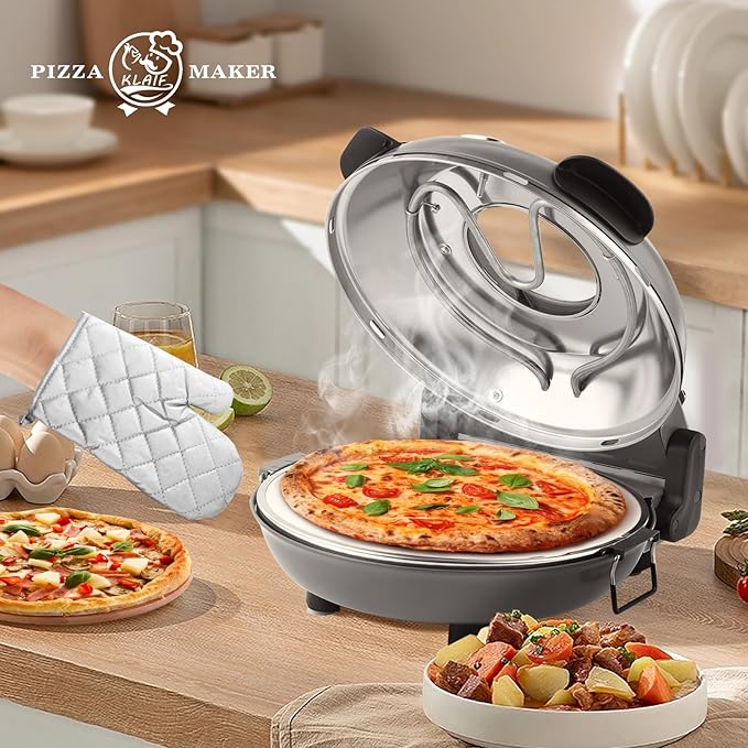 KLAIF 12" Electric Countertop Pizza Oven Indoor With Ceramic Stone, Dual Adjustable Temperature Controls, Includes 4 Pizza Tools, LMR-Gray