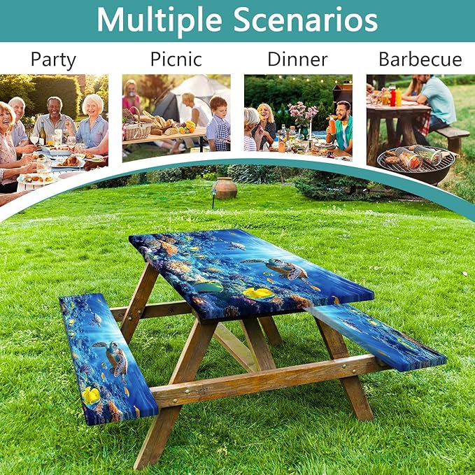 Picnic Table Cover with Bench Covers, Camping Essentials, Ocean Underwater World Table Cover, Fitted Camping Tablecloth Windproof Waterproof with Elastic Edge for Indoor Outdoor Patio 3PCS 30x96 Inch