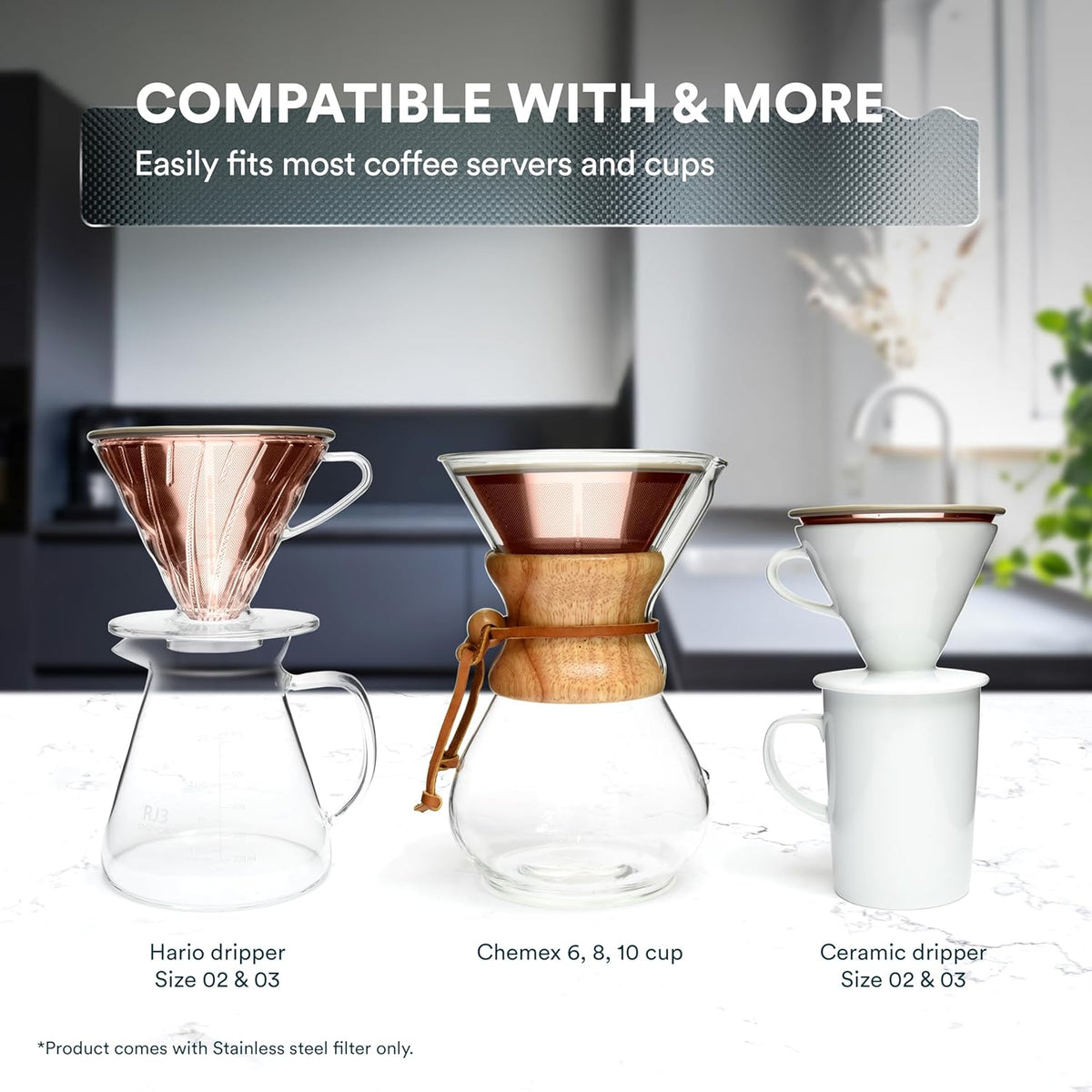 OVALWARE Paperless Stainless Steel Pour Over Coffee Filter – Reusable and Permanent Coffee Cone Dripper for Ovalware, Chemex, Hario and Other Carafes (Titanium Rose Gold)