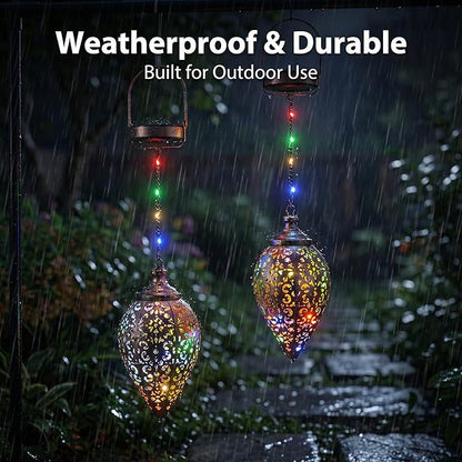2 Pack Hanging Solar Lanterns, Colorful LED Outdoor Lights, Retro Metal Waterproof Lanterns for Garden Patio Yard Decor