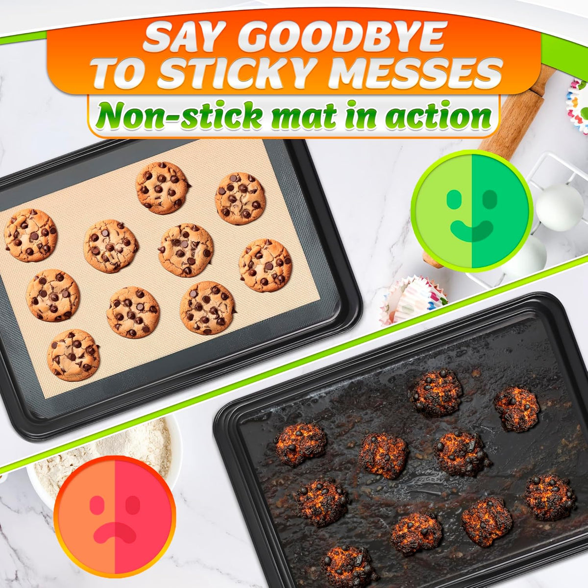 3 Pcs Silicone Baking Mat - Non-Stick Silicone Baking Mats Cookie Sheet with Reinforced Edges, Dishwasher Safe, Heat-Resistant