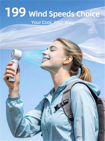 Portable Handheld Turbo Fan, 199 Stepless Speeds, 4000mAh USB Rechargeable, 12H Runtime, 2H Fast Charging, Smart Display, Emergency Flashlight, Personal Cooling Fan for Travel, Gym, Camping, Outdoors