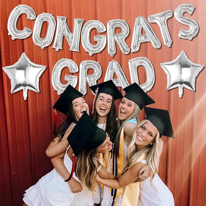 16 Inch Silver Congrats Grad Banner Balloons Congrats Grad Letters Balloons Graduation Decorations 2026 for Graduation Celebration Party Supplies
