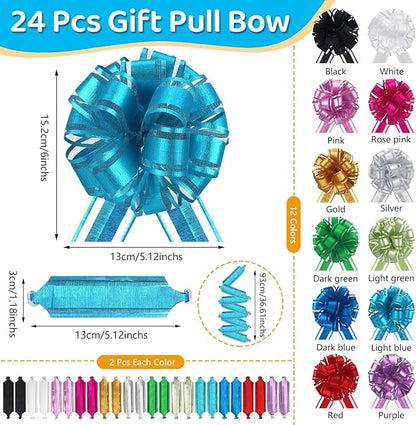 24 pcs Gift Bow Ribbon Pull Bows for Gift Baskets Warpping Christmas Party Bright Mix Colors Organza Warp Bows Boxes Flower Decorations Valentine's Day (24Pcs-Mix Colors-G)