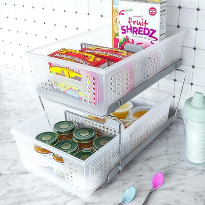madesmart 2-Tier Organizer Slide-Out Baskets with Handles, Space Saving, Multi-Purpose Storage & BPA-Free, Large, Frost-with Dividers (Pack of 4)