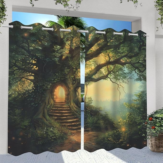 Fantasy Theme Waterproof Indoor/Outdoor Curtains,Forest Pattern,UV and Fade Resistant Outside Curtains for Gazebo, Front Porch, Pergola,2 Panel,54 x 96 inch,Green