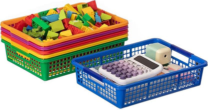 Basicwise 6-pc Assorted Colors Plastic Storage Basket Stackable Organizers for Paper Books Craft Supplies Pantry Items or Classroom Use Multi-Purpose Desk Accessories for Home School Daycare or Office