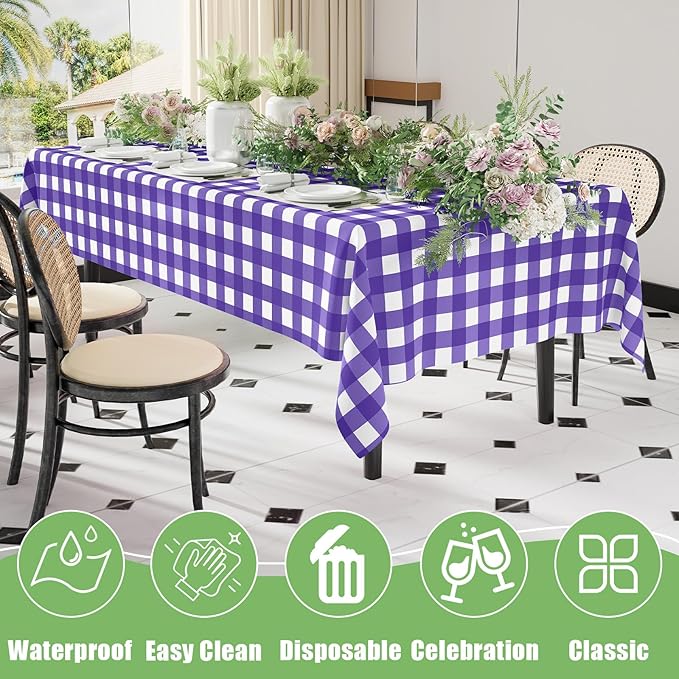 Smiry 6 Pack Purple Gingham Disposable Tablecloths - 54" x 108" Heavy Duty Plastic Table Cloth, Waterproof Buffalo Plaid Table Covers for Picnic, Banquets, Parties