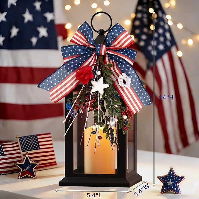 Patriotic Lanterns Decorative Indoor, 2 Pack Black Lantern with Timer Flameless Candle, 14" Battery Waterproof Outdoor Hanging 4th of July Lanterns for Porch, Patio, Patriotic Decorations