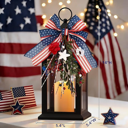Patriotic Lanterns Decorative Indoor, 2 Pack Black Lantern with Timer Flameless Candle, 14" Battery Waterproof Outdoor Hanging 4th of July Lanterns for Porch, Patio, Patriotic Decorations