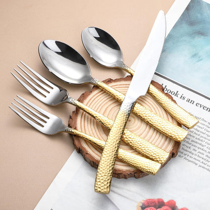 Hammered Silverware Set For 4,Forks and Spoons 18/10 Stainless Steel Heavy Duty Silverware Gold Cutlery Set 20 Piece Flatware Set,Mirror Polished,Dishwasher Safe (20 pcs gold)