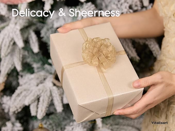 Vitalizart 3/8" x 30Yd Champagne & Nude Organza Ribbon Christmas Sheer Ribbons Set 10 Yd x 3 Rolls Handmade Eco-Friendly for Christmas Gift Wrapping Tree Decor Bows Wreaths