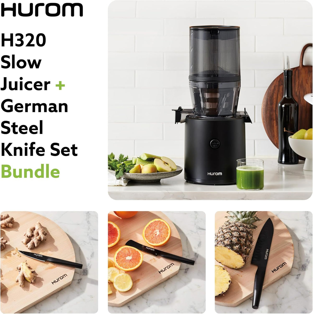 Hurom Black H320 Slow Juicer with German Steel Knife Set, Self-Feeding Cold Press Juice Machine, Corrosion-Resistant and Non-Stick Coated Blades, High Yield, BPA Free (500ml/ 16oz)