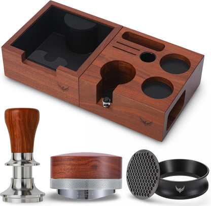 51mm Espresso Tool Kit – Calibrated Rosewood Tamper, Espresso Distributor, Magnetic Funnel with Puck Screen, Knock Box & Rosewood Tamping Station