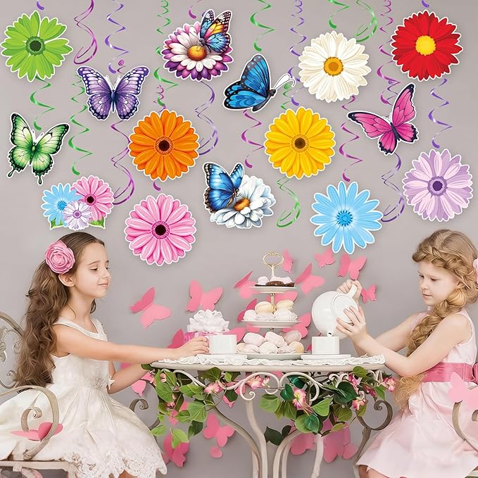 Flower Hanging Swirl Decorations - 36 Pcs Spring Floral Butterflies Ceiling Hanging Streamers for Spring Summer Garden Office Classroom Decorations Supplies