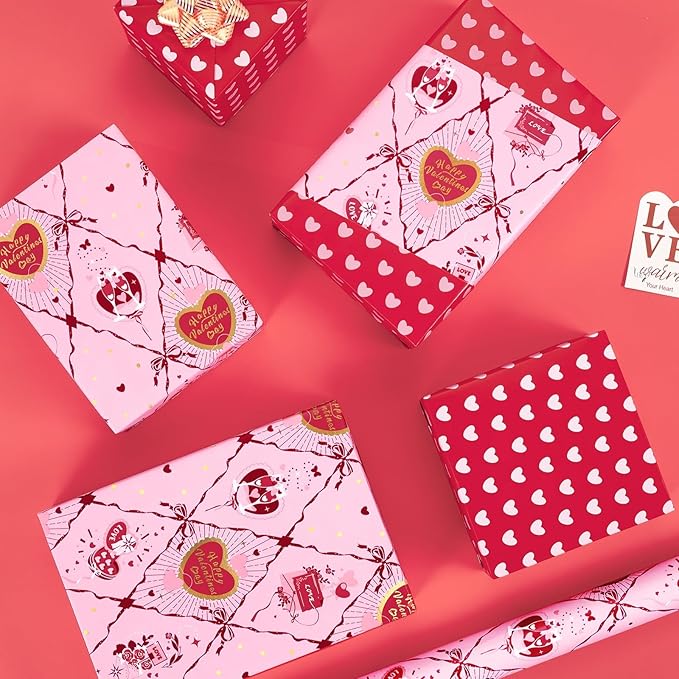 WERNNSAI Valentines Wrapping Paper Roll - 1 Roll 17’’ x 33ft Valentines Day Wrapping Paper Pink Red Heart Gift Packing Decorations for Men Women with Cutting Line Bridal Shower Wedding Supplies