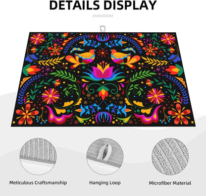 Mexican Flower Microfiber Dish Drying Mat for Kitchen Counter Mexican Dishes Pad Black Dish Drainer Rack Mats 18"x24" Absorbent Washable Reusable