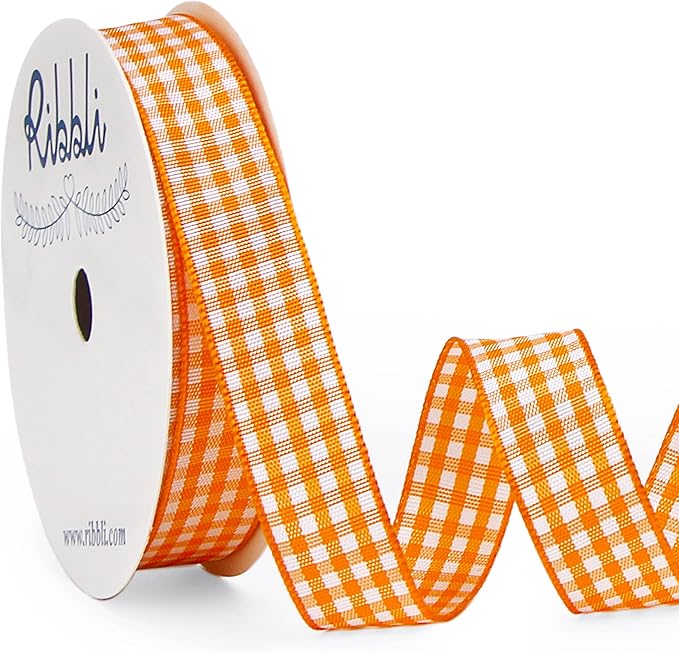 Ribbli Orange and White Gingham Ribbon,100% Polyester Woven Edge,5/8 Inch x 10 Yard,Plaid Ribbon Use for Gift Wrapping,Floral Design,Hair Bows