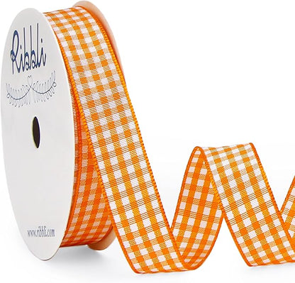 Ribbli Orange and White Gingham Ribbon,100% Polyester Woven Edge,5/8 Inch x 10 Yard,Plaid Ribbon Use for Gift Wrapping,Floral Design,Hair Bows