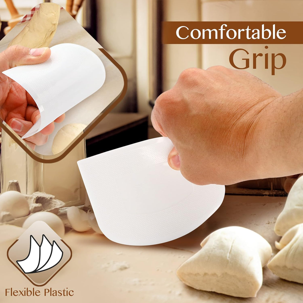 Plastic Bench Scraper for Baking - 2 White Bowl Scraper - Flexible Food Safe Dough Scraper Multipurpose Good Grip Curved and Flat Edge Dough Cutter