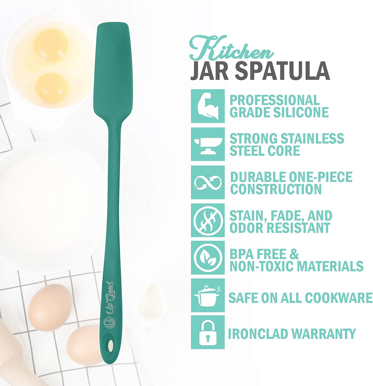 Silicone Jar Spatula | 600F Heat Resistant Non-Stick Rubber Scraper | Perfect for Jars, Smoothies, Blenders | One Piece Utensils | Durable Kitchen Cookware (UpGood Professional Spatulas, Teal)