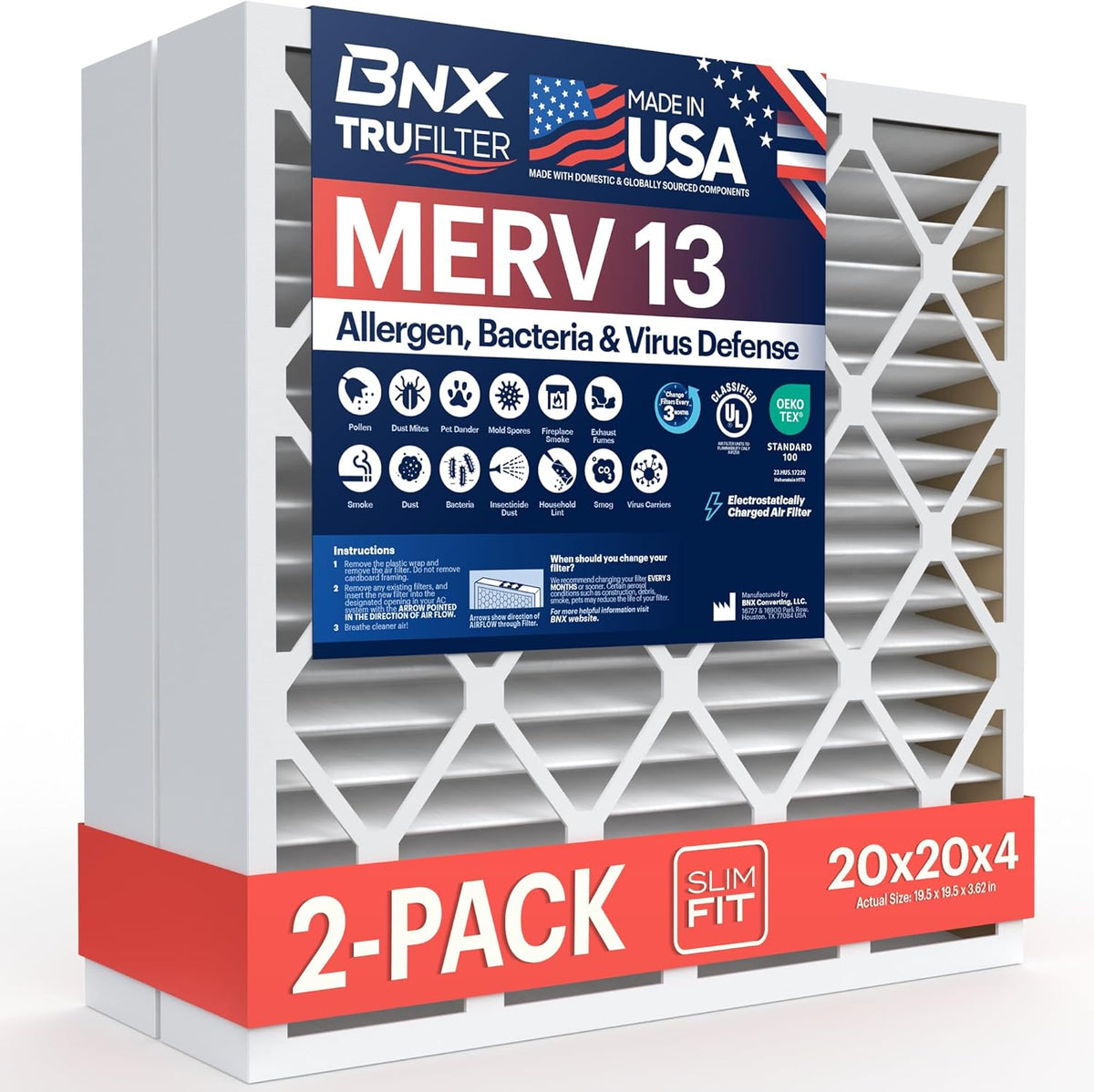 BNX TruFilter 20x20x4 (19.5’’ x 19.5’’ x 3.63‘’ Slim Fit) MERV 13 Air Filter (2-Pack) - MADE IN USA - Air Conditioner HVAC AC Furnace Filters Health, Allergies, Mold, Bacteria, Smoke, MPR 1900 FPR 10