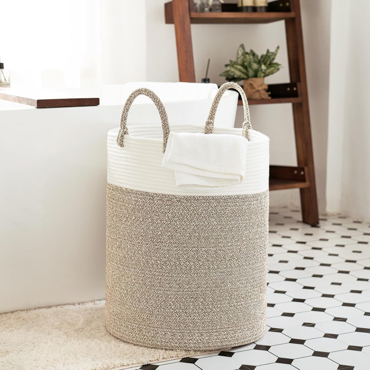 INDRESSME Tall Wicker Laundry Basket, Large Woven Clothes Hamper for Bedroom, Bathroom, Living room, Tall Nursery Hamper for Blankets, Toys, 16 x 20 inches White & Brown