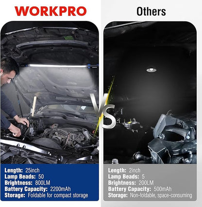 WORKPRO Rechargeable Underhood Work Light, 25inch Long Foldable LED Work Light Bar, 3 Lighting Modes with Adjustable Straps and Hooks, Magnetic Light for Car Repairing/Garage/Workshop/Emergency