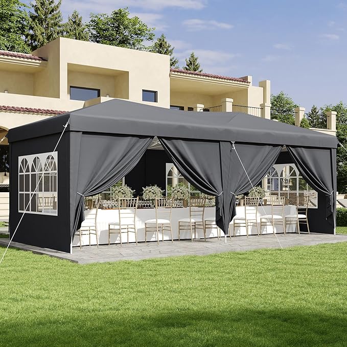 Aoxun 10x20 Pop Up Canopy Tent with 6 Removable Sidewalls, One Push Party Tent Waterproof Outdoor Canopy with 3 Adjustable Height, Portable Tents for Parties, Wedding, Commercial, Market