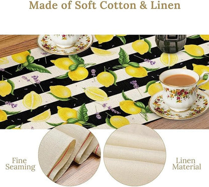 Farmhouse Lemon Fruit Table Runner Nature Aesthetic Black White Stripe Flowers Plant Dining Table Decoration for Home Holiday Party Dresser Kitchen Cabin Restaurant Wedding Decor 13×120in