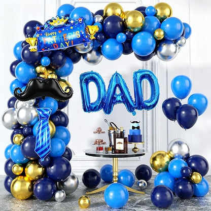 Happy Fathers Day Decoration, Navy Blue Father's Day Balloon Arch, Blue Gold Balloon Garland Kit with Beard Tie & DAD Foil Balloons for Happy Father's Day Family Birthday Party Decoration Supplies
