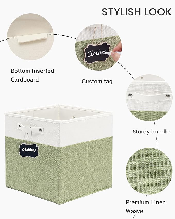 FinishingBo 13x13x13 Inches Fabric Storage Bin with Handles, Cube Storage Bins, Storage Baskets for Organizing Shelf Home Closet,6 Pack (White and Green)