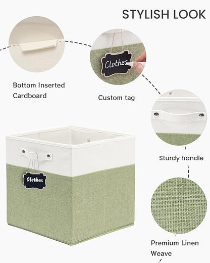 FinishingBo 13x13x13 Inches Fabric Storage Bin with Handles, Cube Storage Bins, Storage Baskets for Organizing Shelf Home Closet,6 Pack (White and Green)
