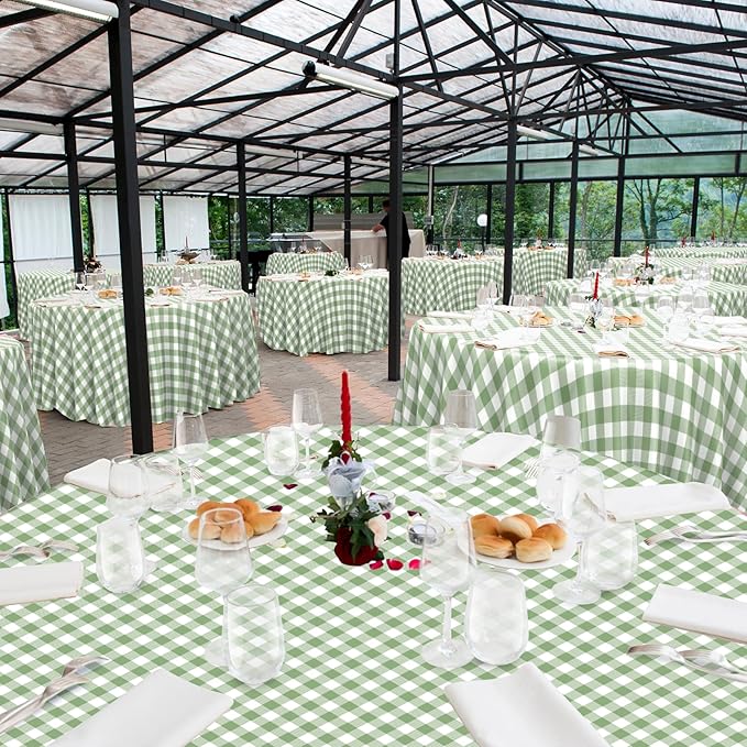 12 Pack Sage Green Plastic Checkered Tablecloth Round, Premium Decorative Disposable Sage Green Gingham Plaid Table Cloths for Parties, Round Party Table Cover for Baby Shower Picnic Birthday, 84 Inch