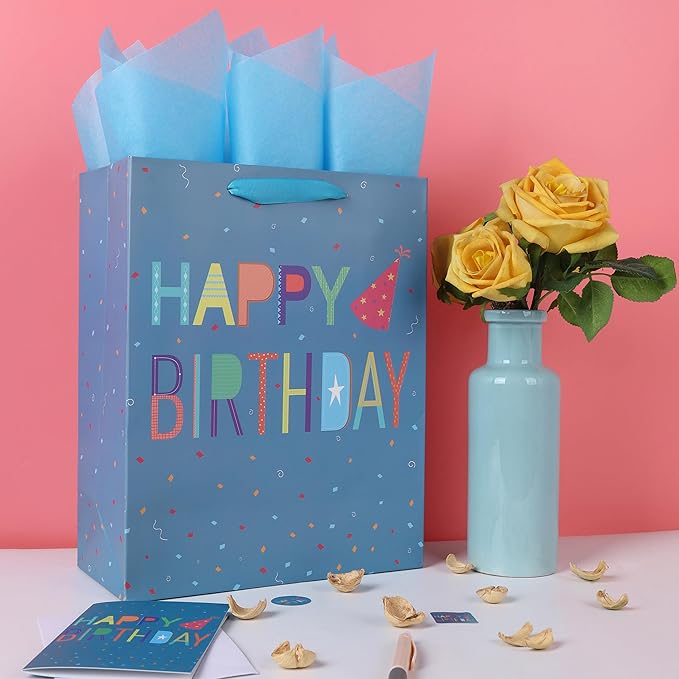Qirrmiy 13” Large Happy Birthday Gift Bag Set with Handles, Greeting Card, Blue Tissue Papers and Stickers for Boys Teens for Baby, Kids‘ Birthday Party, Newborn, Cute Design, 1 Pcs