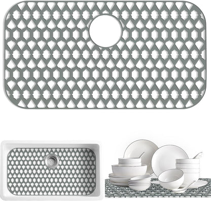Sink Protectors for Kitchen Sink 19x14 & 21x16 & 26x14 & 28x14.4 & 30x16, Large Silicone Sink Mats Grid for Bottom of Farmhouse Stainless Steel Sink (30”x16”, Rear Drain)
