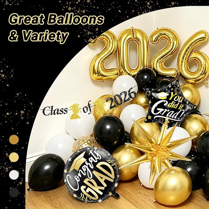 Black and Gold Graduation Decorations with Gold Confetti Black White Balloons Gold Fringe Curtain Banner for Graduation Decorations 2026