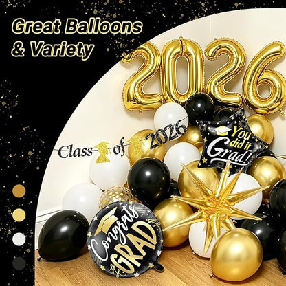 Black and Gold Graduation Decorations with Gold Confetti Black White Balloons Gold Fringe Curtain Banner for Graduation Decorations 2026