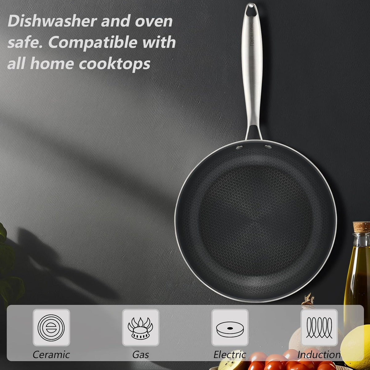 Stainless Steel Nonstick Frying Pan, Hybrid Ceramic 12-Inch Frying Pans, Stay-Cool Handle, PFAS & PFOA PTFE Free, Dishwasher & Oven Safe, Scratch-Resistant, Compatible with Induction & All Cooktops