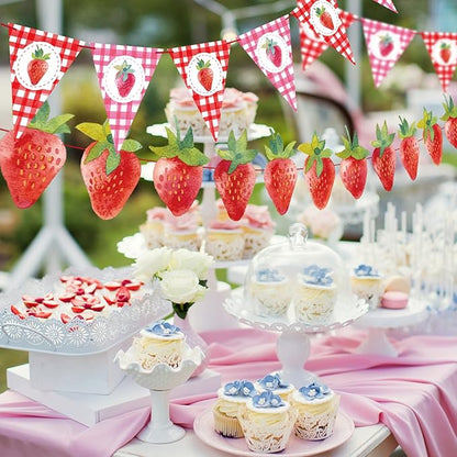 Strawberry Birthday Banners, 5 Pcs Girl Party Banners, Berry First Birthday Decor for Girls, Strawberry Baby Shower