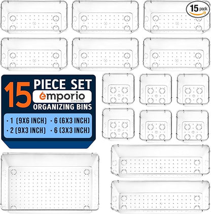 Emporio Kitchen Drawer Organizer Set - Includes 1-piece 9x6" bins, 2-piece 9x3" bins, 6-piece 6x3" Bins, 6-piece 3x3" Bins, Stackable 4 Size Storage Trays for Makeup, Kitchen, and Office, Pack of 15