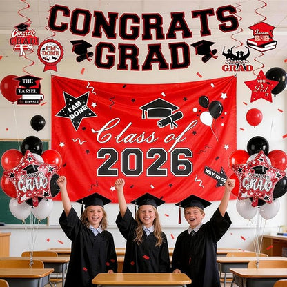 Graduation Decorations 2026, Red Black Graduation Party Decorations Set with Class of 2026 Backdrop Congrats Grad Banner 18inch Foil Grad Star Balloons Hanging Streamers Kit for High School College