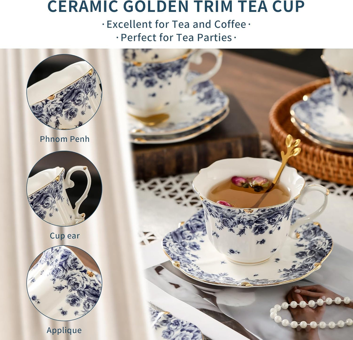 TATSUMI Country Roses Bone China Tea Cup and Saucer Set, 6 Pieces, Vintage Style, For Women and Tea Parties（sky blue，2 sets）