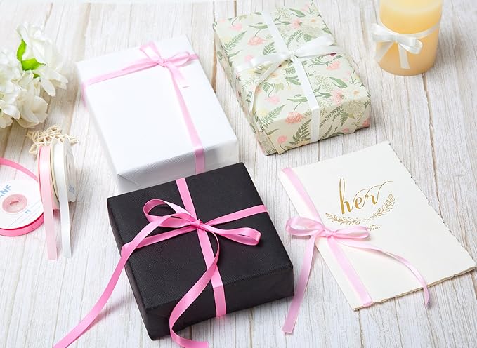 QIANF Pink Double Face Satin Ribbon 3/8 Inch x 45 Yards White Fabric Ribbon for Gift Wrapping, Flower Bouquets, Hair Bows Making, Wedding Decoration, Invitation Cards, Valentine's Day (3 Rolls *15Yd)