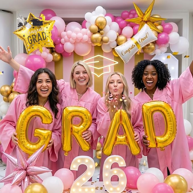 Pink Graduation Balloon Garland Arch Kit 122PCS with Graduation Star Certificate Letter Mylar Foil Balloons for Graduate Class of 2026 Grad Prom party Decorations Supplies (Hot Pink White)