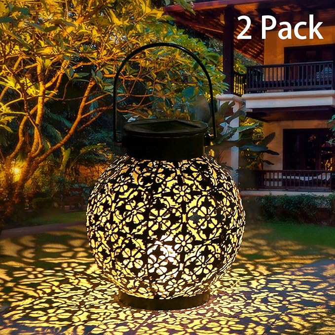 Solar Lanterns Outdoor Hanging Solar Lights Decorative Garden Lights Metal Waterproof Table Lamp for Patio Porch Backyard Pathway (2 Pack)