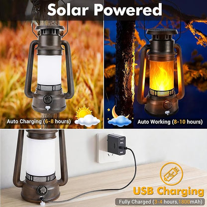 Toodour Solar Lantern Outdoor Lights, 2 Pack Bronze Vintage LED Lantern with 2 Modes, Dual Charging Solar/USB Waterproof Hanging Solar Lights for Camping Patio Garden Yard Porch Outdoor Indoor Decor