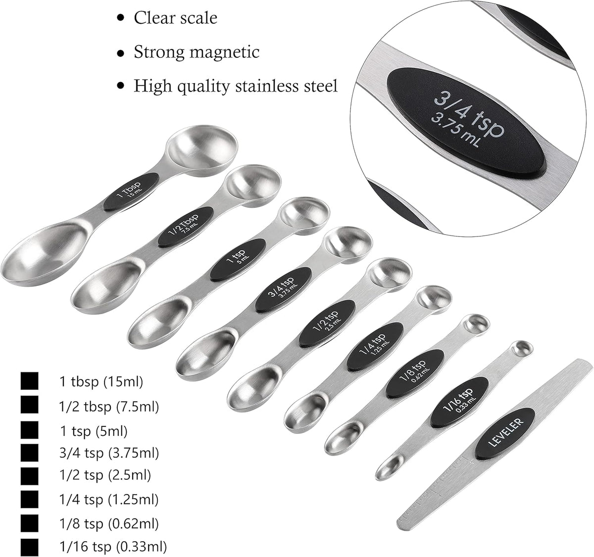 Measuring Cups and Spoons Set Stainless Steel Includes 8 Heavy Duty Measuring Cups 8 Double Sided Magnetic Measuring Spoons and 1 Leveler for Dry and