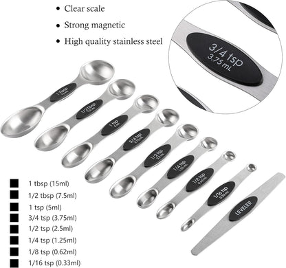 Measuring Cups and Spoons Set Stainless Steel Includes 8 Heavy Duty Measuring Cups 8 Double Sided Magnetic Measuring Spoons and 1 Leveler for Dry and